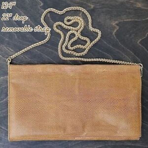 Vtg yellow tan reptile leather envelope crossbody purse